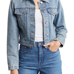 Halogen Size L Women's Faded Denim Jacket Long Sleeve Four Pocket Button Front